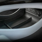 Black textured waterproof silicone center console tray with integrated USB charging ports.