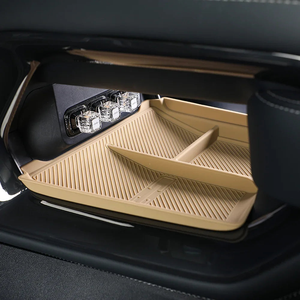 Tan TPE center console tray organizer for BYD, featuring a non-slip ribbed texture.