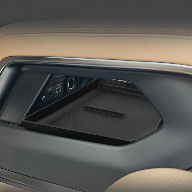 Professional black matte textured center console organizer tray for BYD car interior.