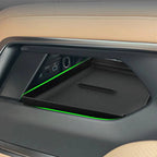 Black textured non-slip center console organizer tray with green LED ambient lighting.