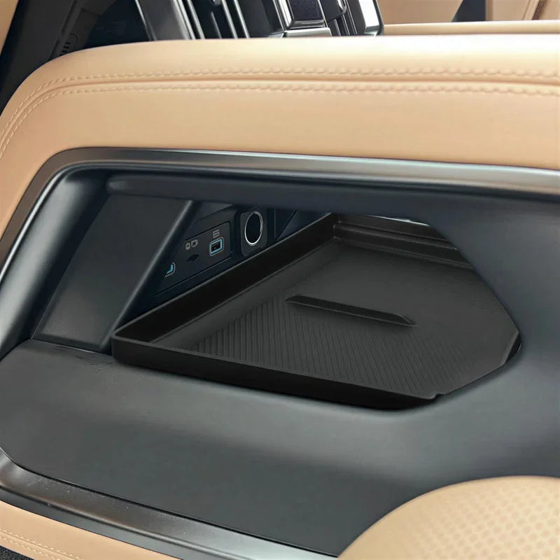 Black textured organizer tray for car center console storage, custom-fit for BYD interior.