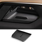 Black textured ABS plastic door pocket organizer tray for BYD vehicle interior storage.