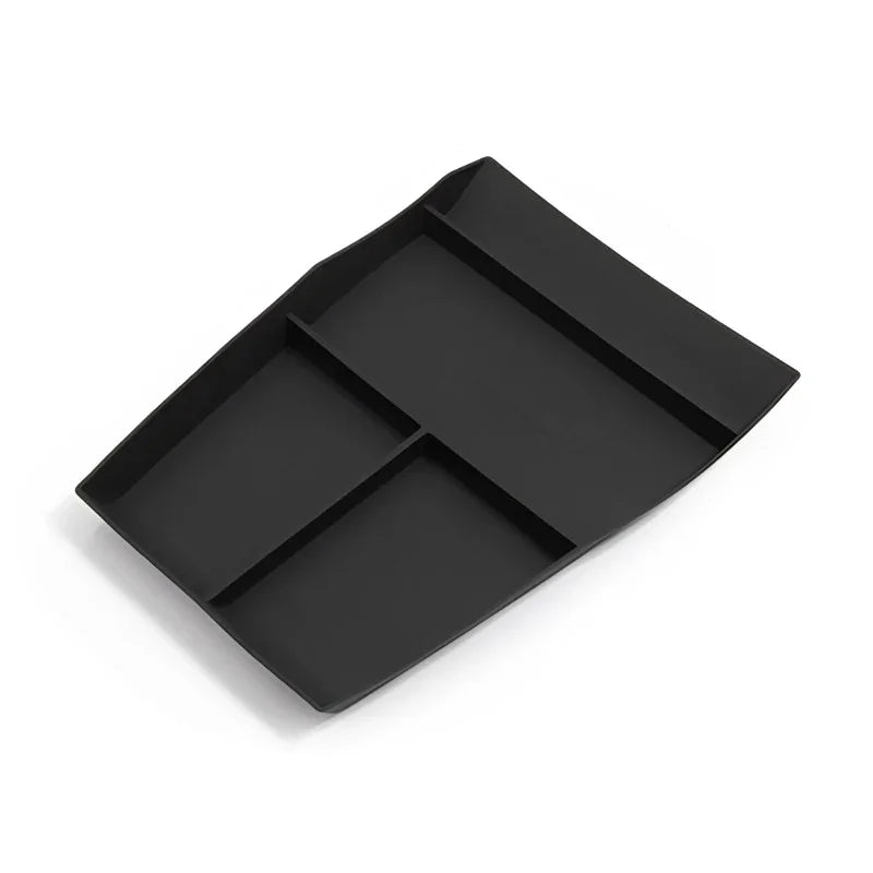 Black matte TPE car center console organizer tray for organized storage.