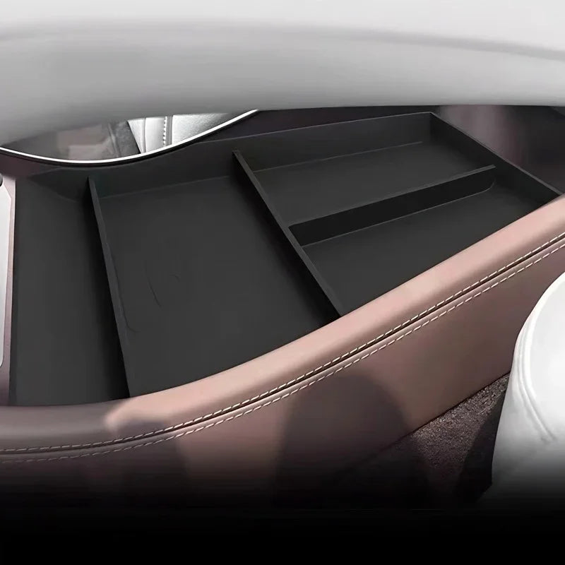 Black PU leather multi-compartment center console organizer tray for car interior storage.