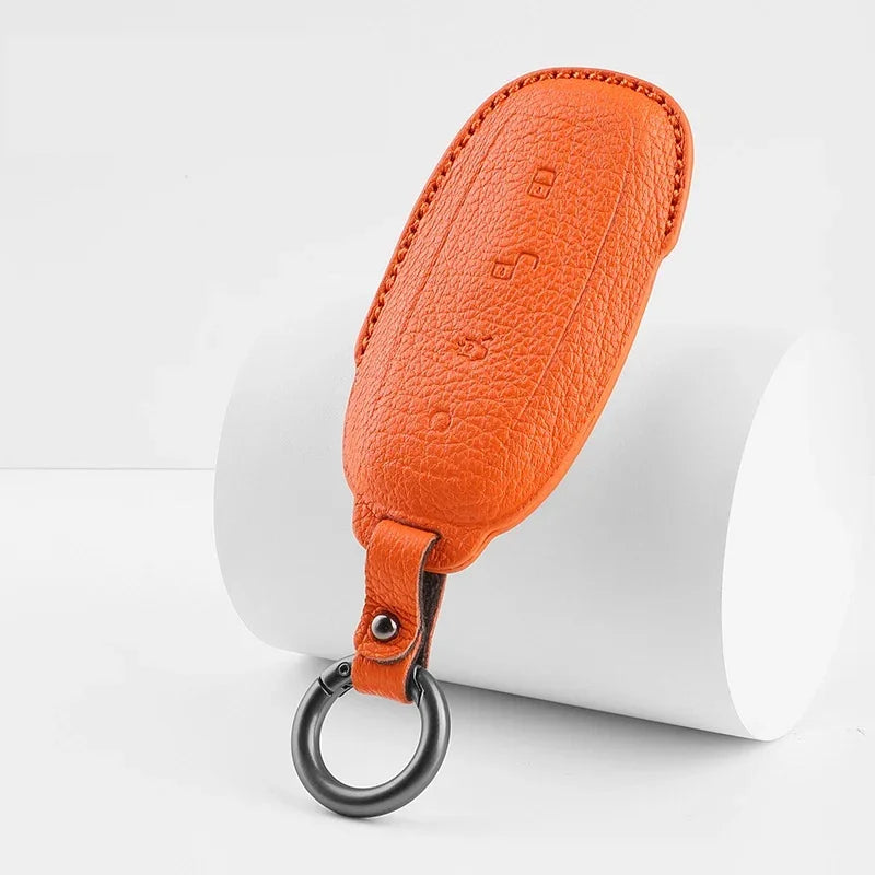 Premium orange pebbled leather car key fob cover with metal ring