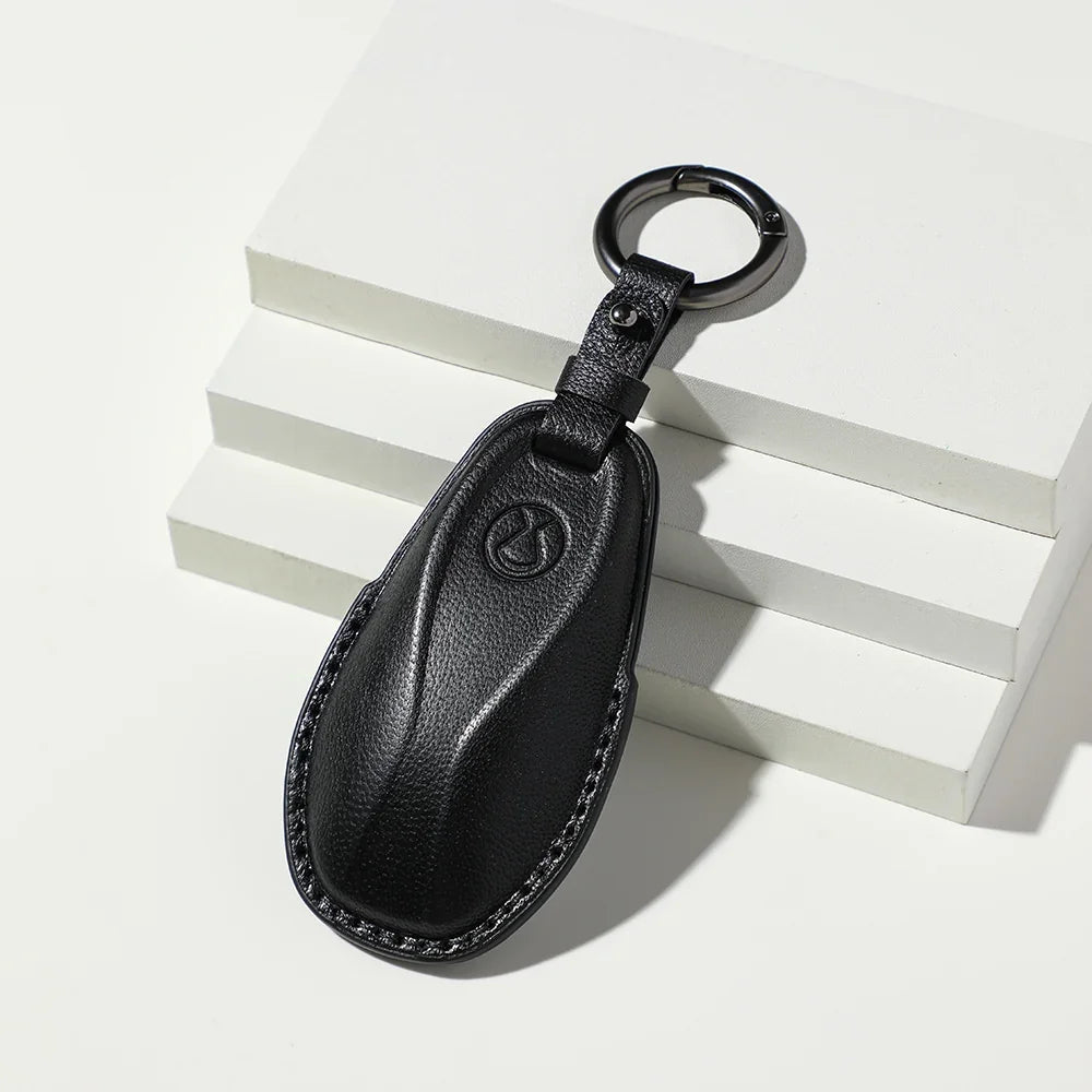 Professional black leather car key case with embossed logo and metal ring