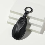 Professional black leather car key case with embossed logo and metal ring