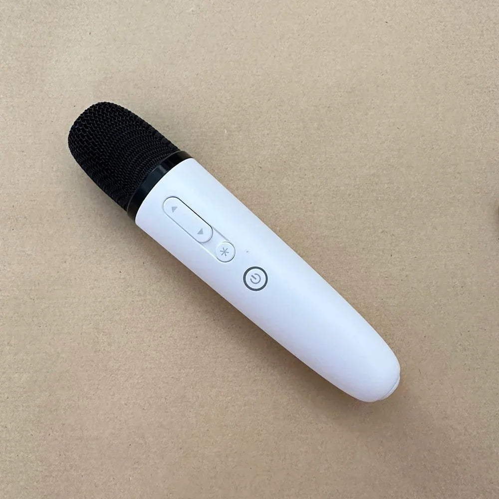 Sleek white wireless handheld microphone with black mesh grille and control buttons.