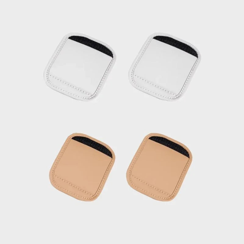 Set of four premium leather car console storage pouches in white and tan colors.
