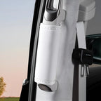 White leather seatbelt cover protecting the pillar in a vehicle interior.