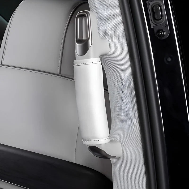 White leather grab handle cover for BYD car interior with precise stitching.