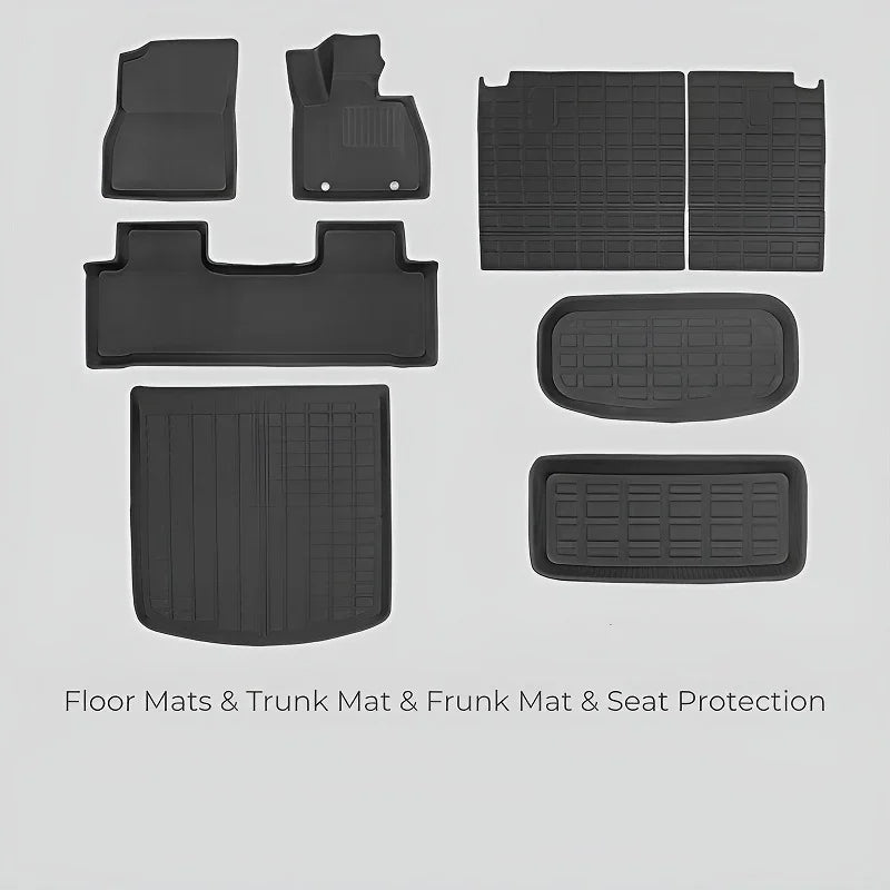 Full set of black TPE custom floor mats, trunk mat, and frunk mat for BYD vehicles.