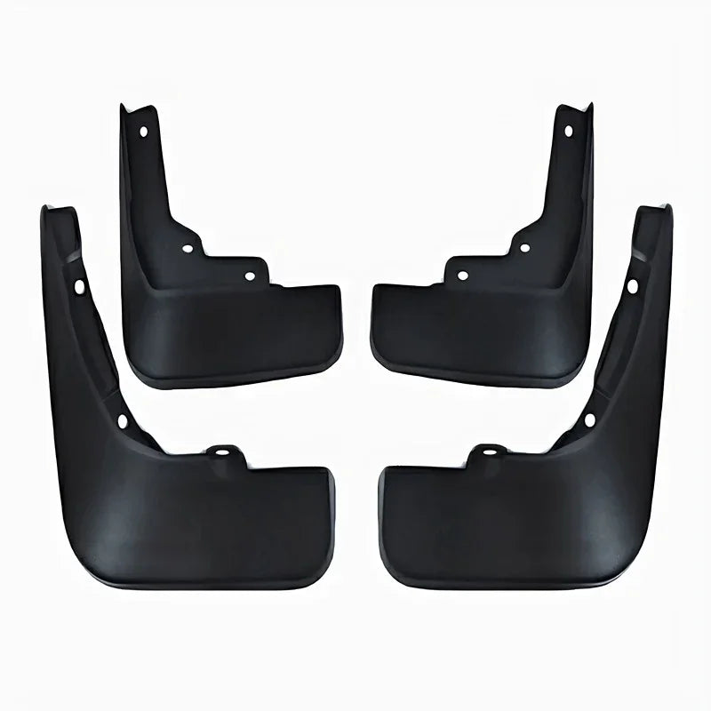 Set of four durable black matte plastic car mud flaps for vehicle protection.
