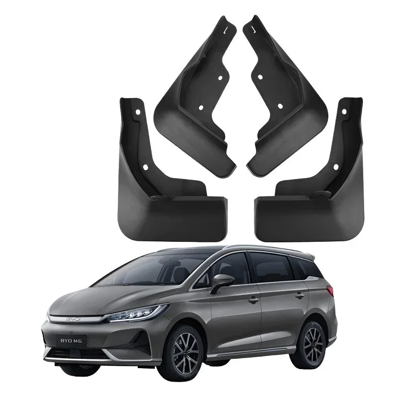 Set of four durable black matte mud flaps for BYD M6 car protection.