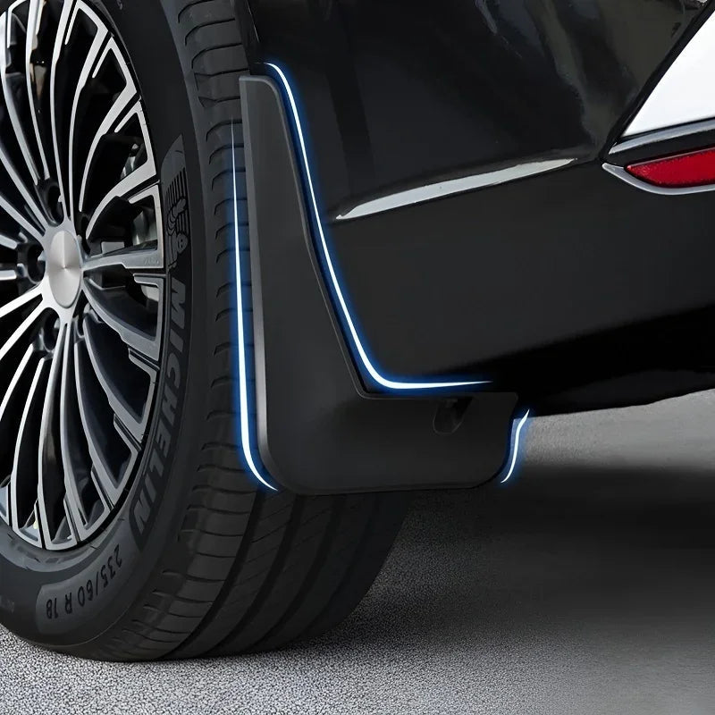 Professional matte black car mudguard with a distinctive blue luminous LED light strip.