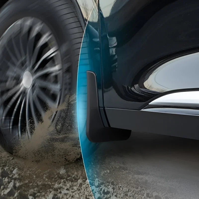 Black durable rubber mud flap installed on a car wheel arch to protect against dirt and debris