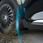 Black durable rubber mud flap installed on a car wheel arch to protect against dirt and debris