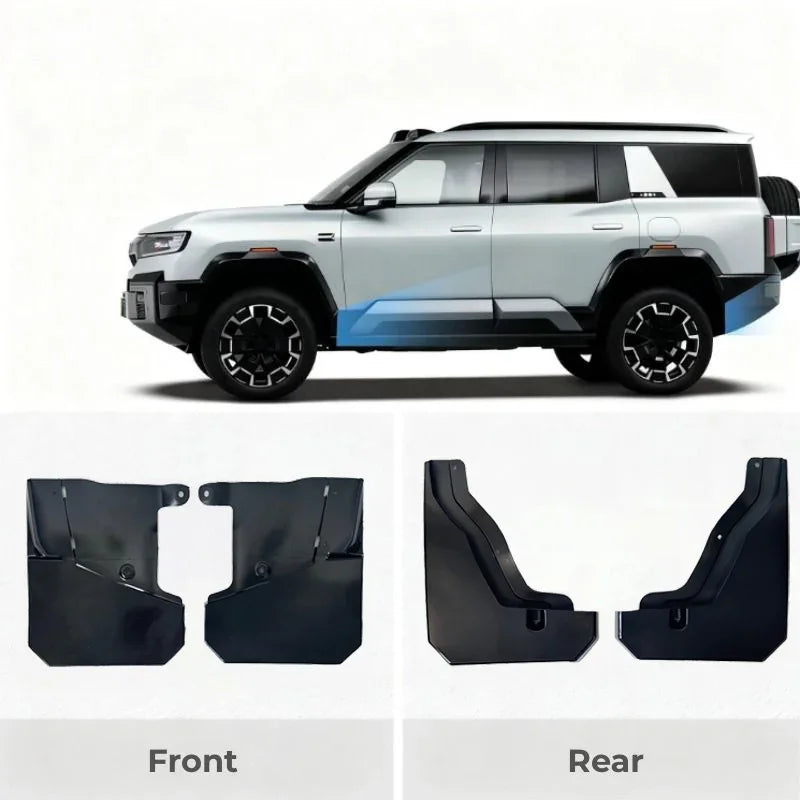 Black durable matte mud flaps for BYD vehicle, featuring front and rear protective sets.