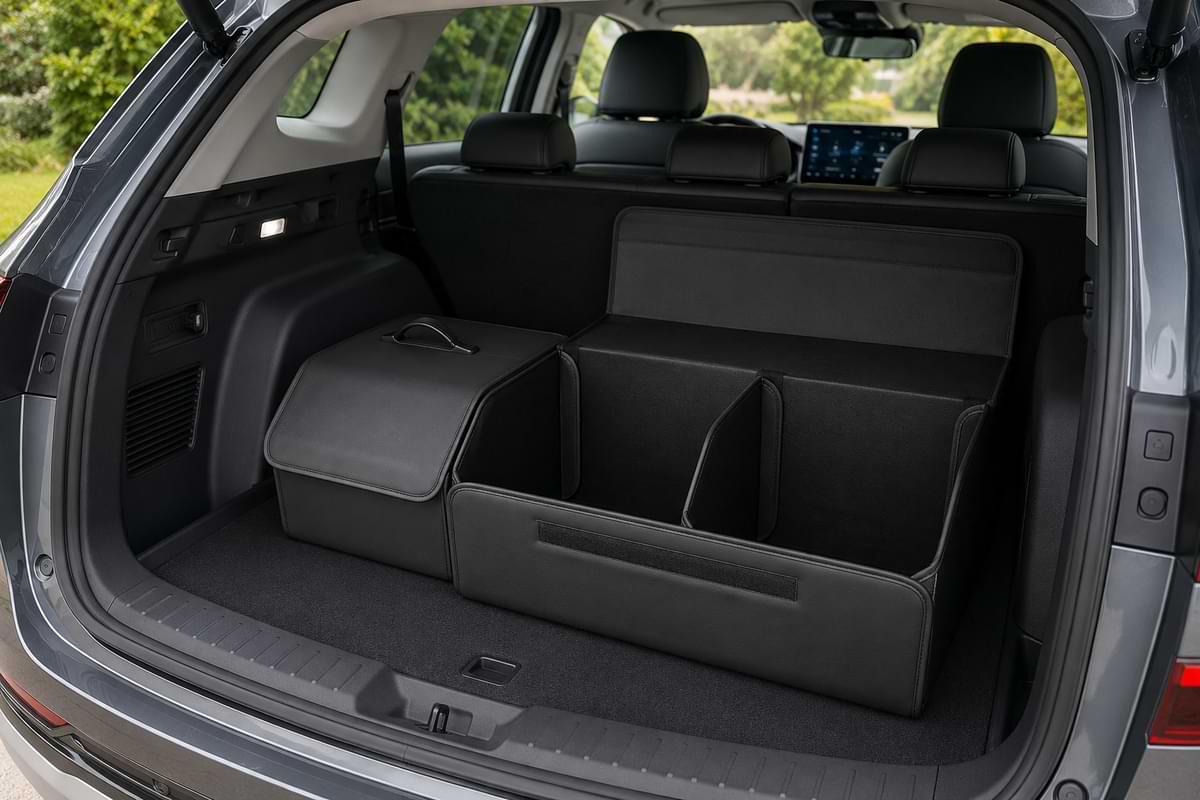 BYD Car trunk with black cargo organizers and a smartphone on a screen.