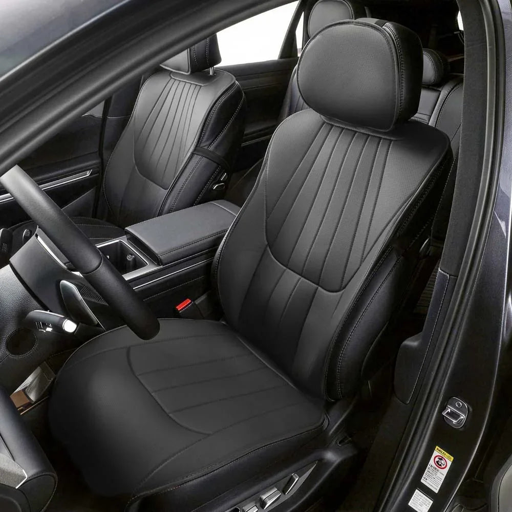 Professional black leather car seat covers with elegant vertical stitching for BYD interiors.