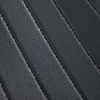 Close-up of premium perforated black leather car seat upholstery with diagonal stitching.
