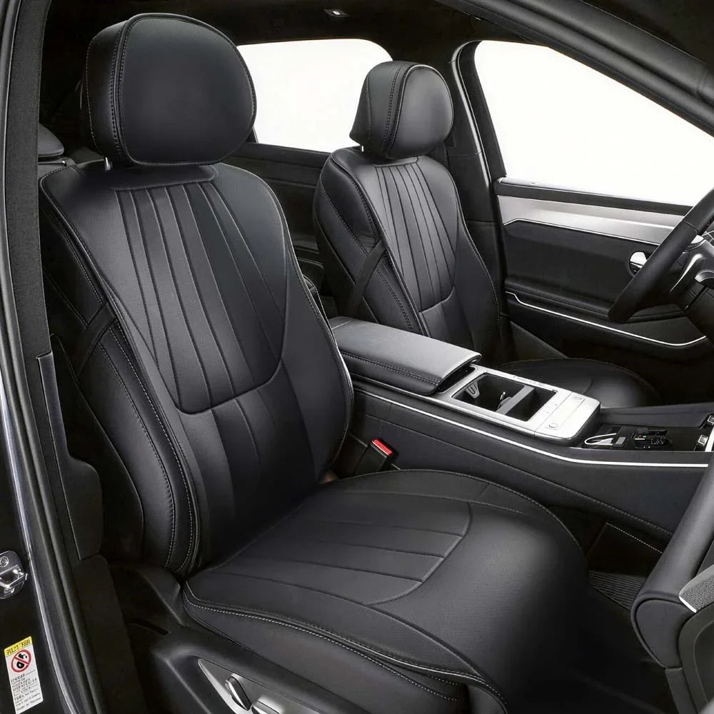 Custom black leather car seat covers with professional stitching and ergonomic design