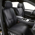 Custom black leather car seat covers with professional stitching and ergonomic design