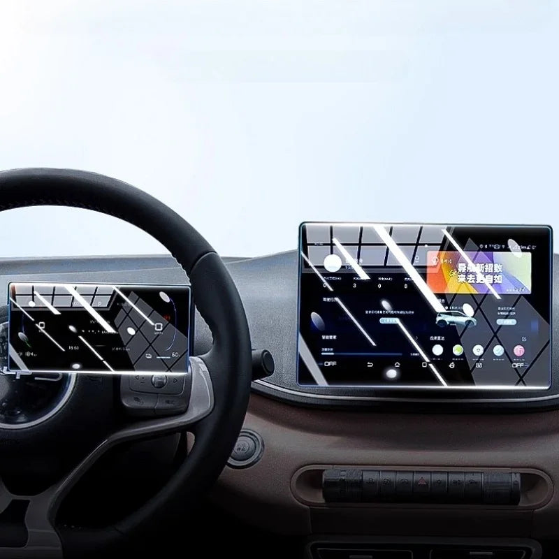 High-definition tempered glass screen protector for BYD car infotainment and instrument cluster.