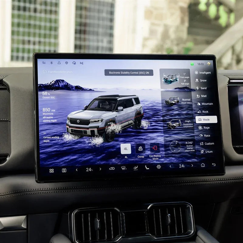 BYD car infotainment screen displaying off-road navigation and vehicle stability control interface.