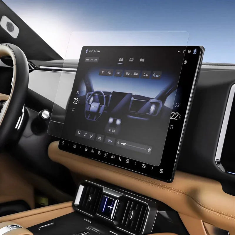 Clear tempered glass screen protector for BYD car infotainment system dashboard.
