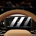 High-definition digital instrument cluster display with sleek black interface in a tan leather interior.