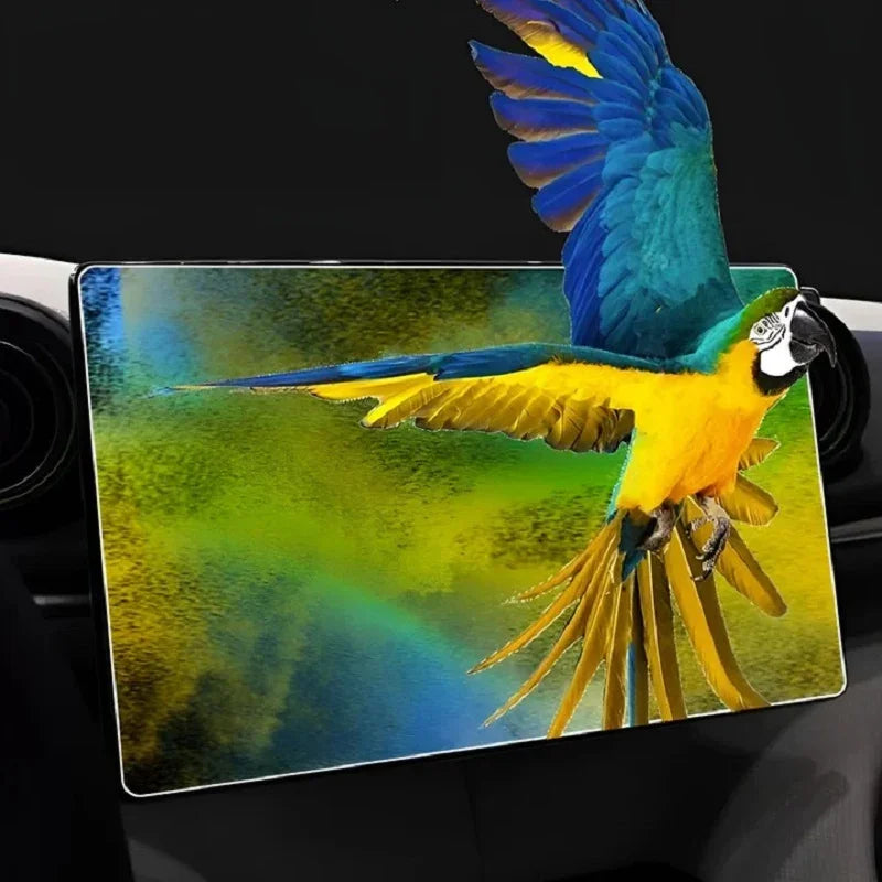 Vibrant blue and yellow macaw print car headrest cover with high-definition graphic detail.