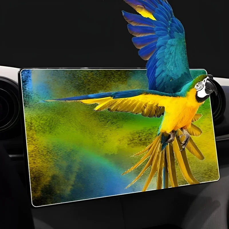 Vibrant blue and yellow macaw parrot print on a high-definition car seat protector.