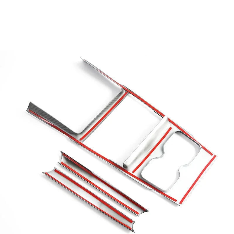 Carbon fiber car interior trim set with red accents and silver finish