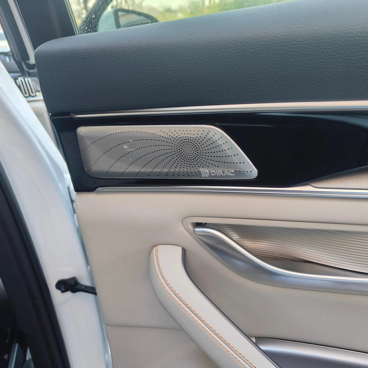 Premium Dirac audio speaker grille with metallic silver finish on a black car door panel.
