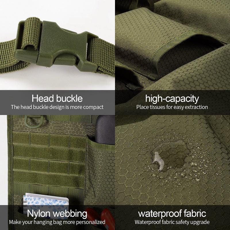 Olive green tactical organizer featuring a durable head buckle, nylon webbing, and waterproof fabric.