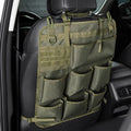 Olive green tactical car seat organizer made of durable honeycomb fabric with MOLLE system.
