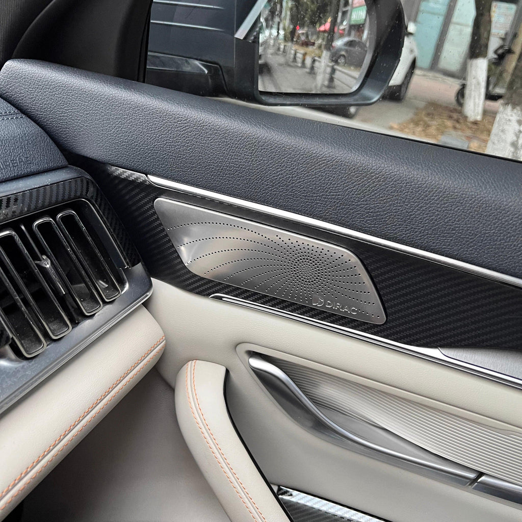 Premium carbon fiber texture door trim with silver Dirac audio speaker grille and cream leather.