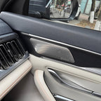 Premium carbon fiber texture door trim with silver Dirac audio speaker grille and cream leather.
