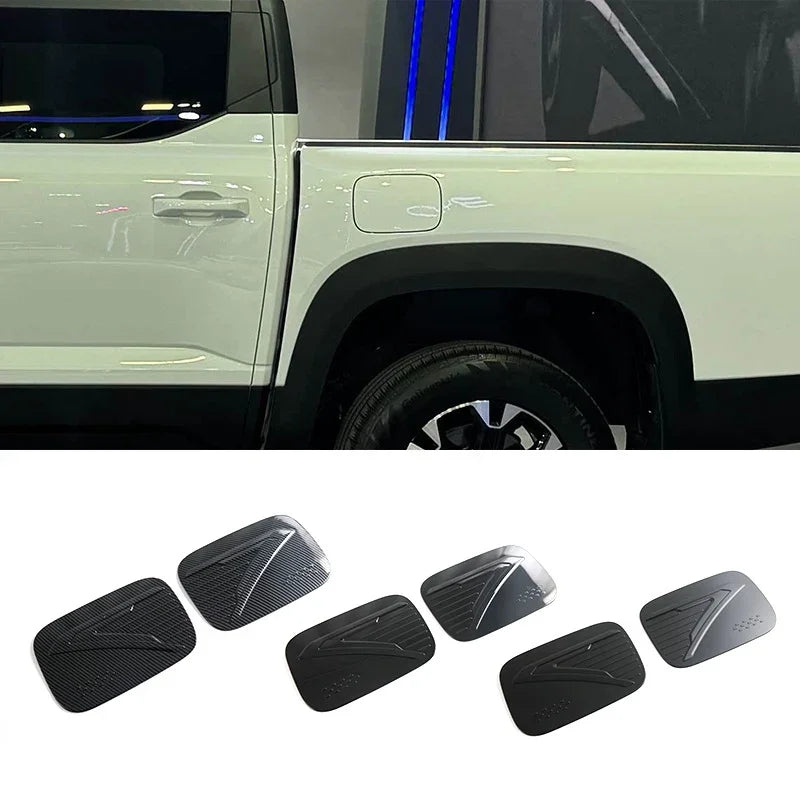 Set of six matte black textured door scuff plates for car protection.