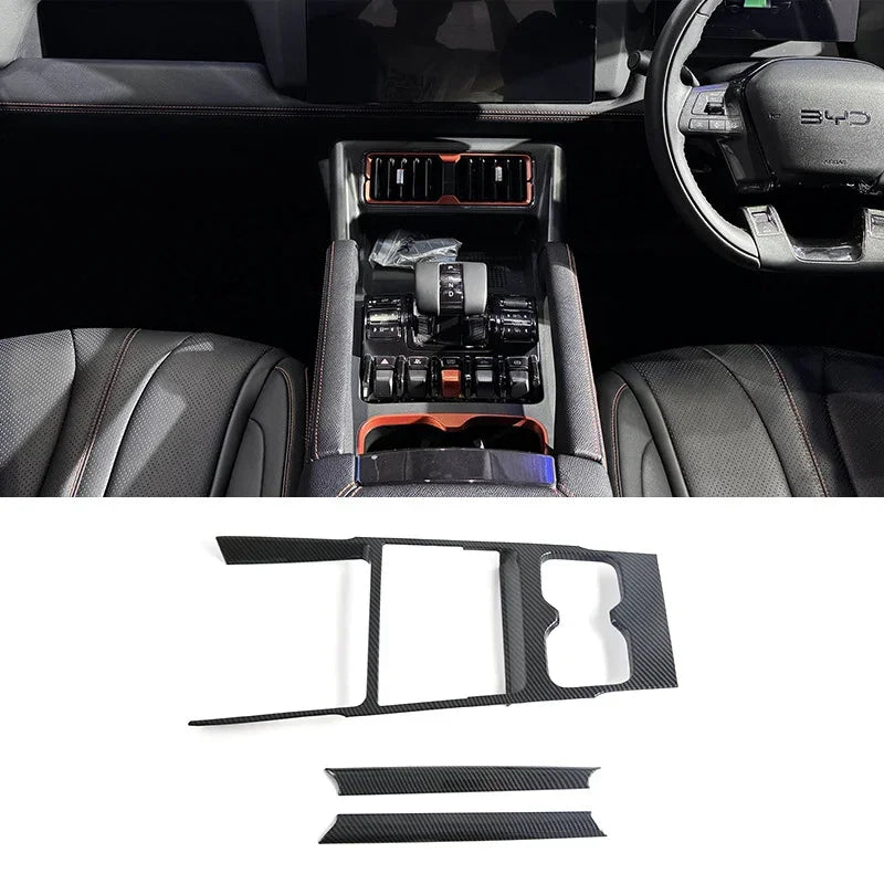 Carbon fiber texture interior trim kit in black for BYD center console and dashboard.