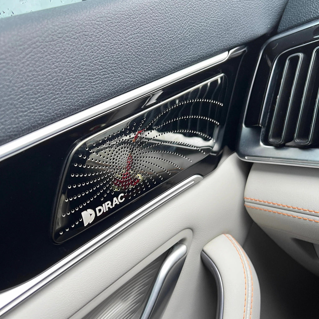 Black glossy Dirac premium car door speaker grille with metallic silver accents.