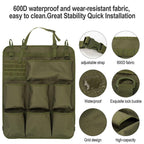 Olive green 600D waterproof fabric car seat organizer with adjustable straps and grid design.