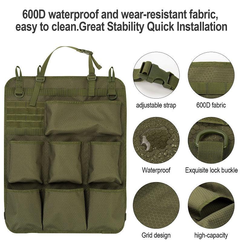 Olive green 600D waterproof fabric car seat organizer with adjustable straps and grid design.