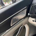 Silver metallic Dirac speaker grille integrated into a black carbon fiber car door trim.