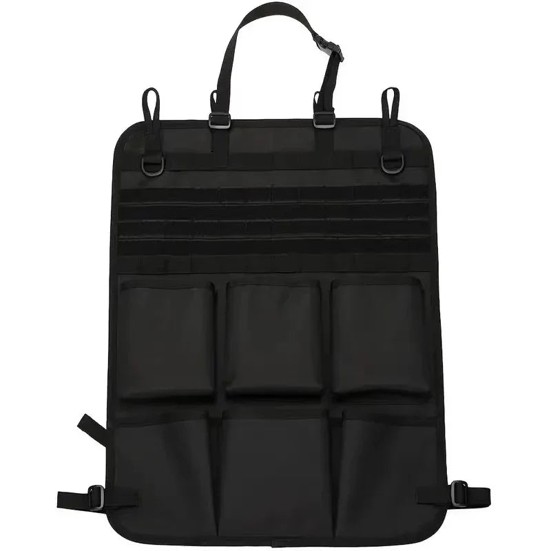 Professional black durable fabric car seat back organizer with multiple storage pockets and straps