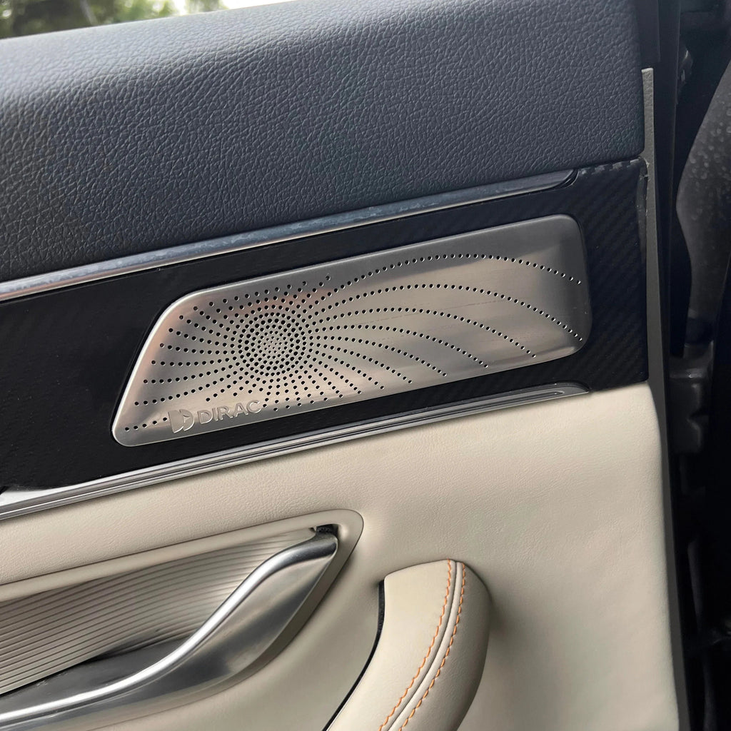 Silver metallic Dirac speaker grille with a perforated dot pattern on a black carbon fiber door panel.