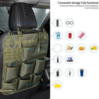 Olive green durable tactical car seat back organizer with 8 functional storage pockets.