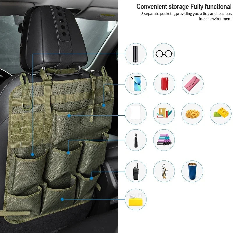 Olive green durable tactical car seat back organizer with 8 functional storage pockets.