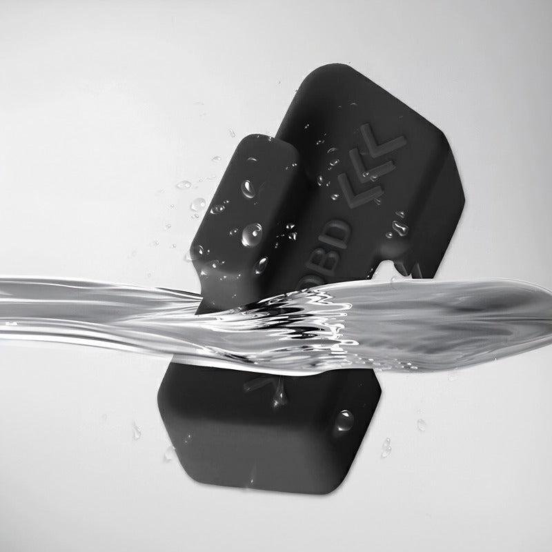 Waterproof black silicone car accessory with a water splash, showcasing its durable material.
